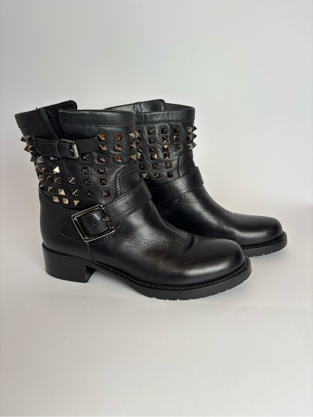 Valentino Garavani Rockstud Noir Studded Leather Biker Boots Sz 38.5